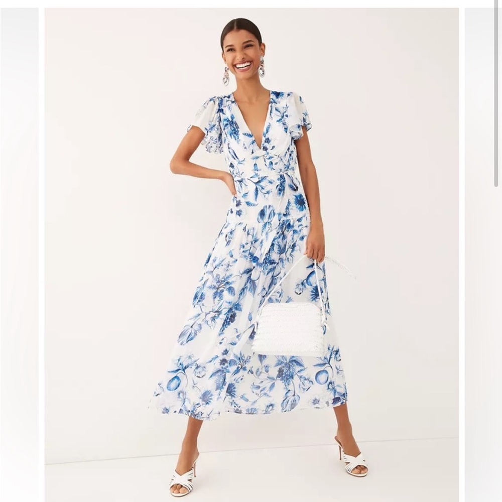 Monique Lhuillier Blue and White Floral Midi Dress